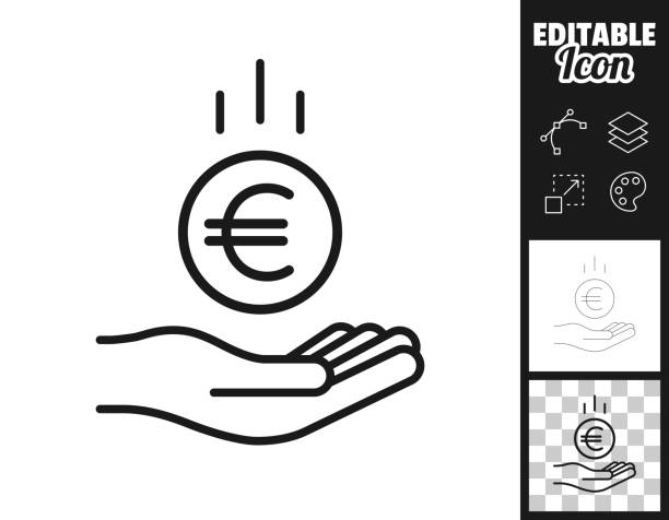 Euro coin falling in hand. Icon for design. Easily editable Icon of "Euro coin falling in hand" for your own design. Three icons with editable stroke included in the bundle: - One black icon on a white background. - One line icon with only a thin black outline in a line art style (you can adjust the stroke weight as you want). - One icon on a blank transparent background (for change background or texture). The layers are named to facilitate your customization. Vector Illustration (EPS file, well layered and grouped). Easy to edit, manipulate, resize or colorize. Vector and Jpeg file of different sizes. european union currency stock illustrations