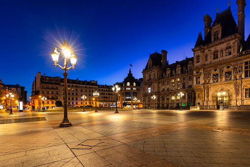 Historical Hotel de Ville - the city hall of Paris city at dawn, France