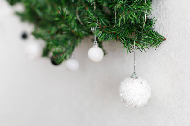 Christmas tree branches decorated with black and white balls on a white background. New year home style