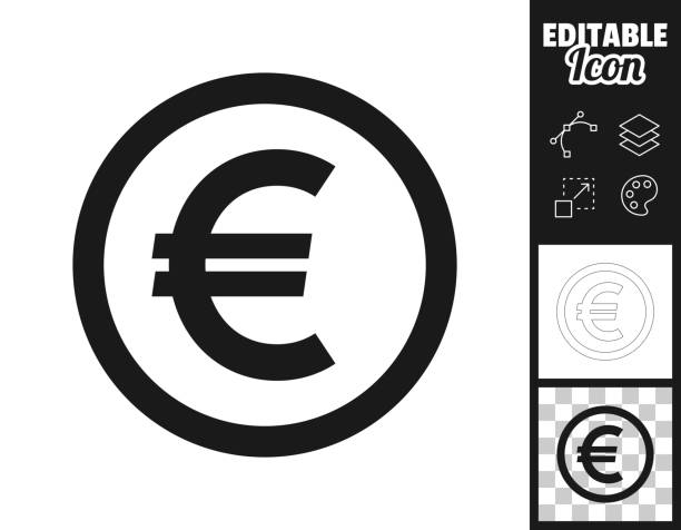 Euro coin. Icon for design. Easily editable Icon of "Euro coin" for your own design. Three icons with editable stroke included in the bundle: - One black icon on a white background. - One line icon with only a thin black outline in a line art style (you can adjust the stroke weight as you want). - One icon on a blank transparent background (for change background or texture). The layers are named to facilitate your customization. Vector Illustration (EPS file, well layered and grouped). Easy to edit, manipulate, resize or colorize. Vector and Jpeg file of different sizes. e stock illustrations