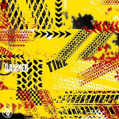 Yellow red and black grunge background with different tire track marks and sample text. Custom made transportation design elements for different sport competitions and invitations