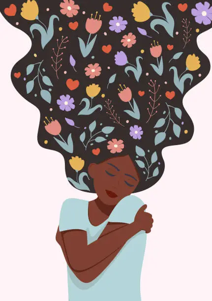 Vector illustration of Self love concept vector illustration. Young pretty African woman hugging herself