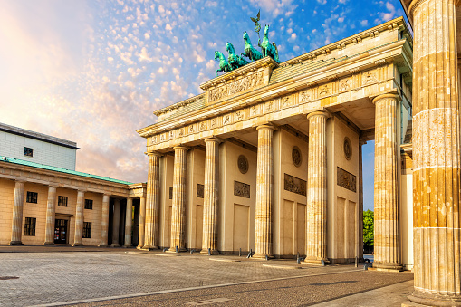 Famous Brandenburg Gate or Brandenburger Tor, side view, Berlin, Germany.