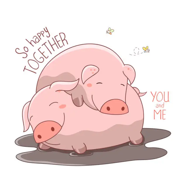 Vector illustration of Two happy fat piglets sleeping in mud puddle. Inscription So happy together. Humor Valentine card