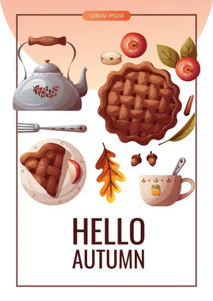Vector illustration of Autumn promo sale flyer with apple pie, kettle, autumn leaves.