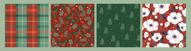 ilustraciones, imágenes clip art, dibujos animados e iconos de stock de patrones perfectos de navidad y feliz año nuevo. árbol de navidad, flores, bayas, plaid. antecedentes de año nuevo. diseño vectorial. - plaid textile christmas pattern