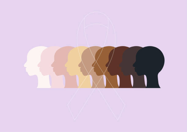 Women of different skin tones without hair and ribbon for cancer awareness Oncology. Awareness for cancer care  Skin color stock illustrations