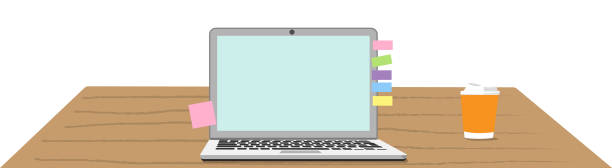 istock Vector illustration background design banner of laptop with colorful sticky notes on wooden desk and hot coffee in paper cup.
copy space, mockup 1427943714