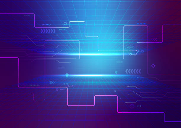 Perspective Grid Digital Circuit, Metaverse, VR Technology Cyberpunk Futuristic Abstract Background Perspective Grid Floor Digital Circuit and Laser Glowing Light, Metaverse, VR Technology Cyberpunk Futuristic Abstract Backdrop, Retro Future Gaming Background scenery video stock illustrations