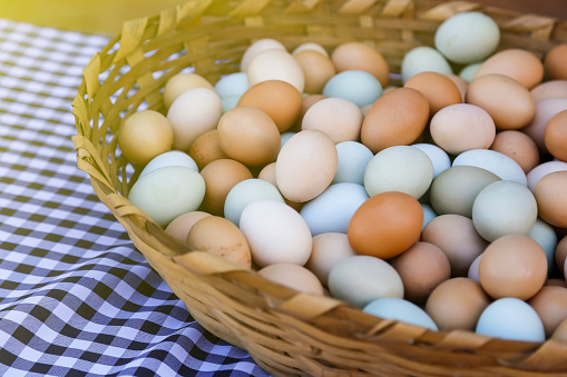 eggs of assorted colors grouped in a traditional basket
