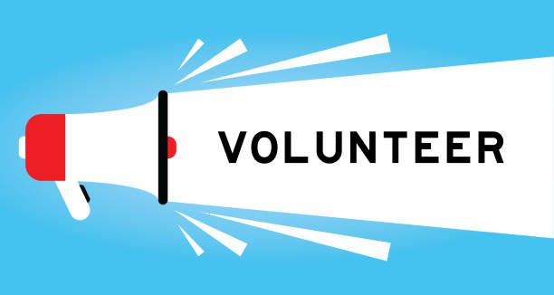 istock Color megphone icon with word volunteer in white banner on blue background 1427947966