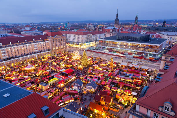 Panoramic view of Dresden Christmas market, Germany stock photo