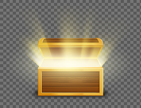Open wooden old chest with glowing light inside. Template isolated on a transparent background. vector mockup.