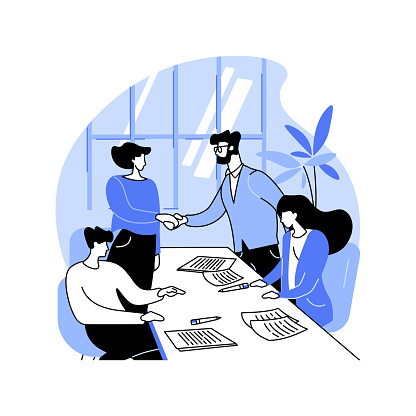Business negotiations isolated cartoon vector illustrations. Group of business partners shaking hands during negotiations, finance sector, stock market, venture funding vector cartoon.