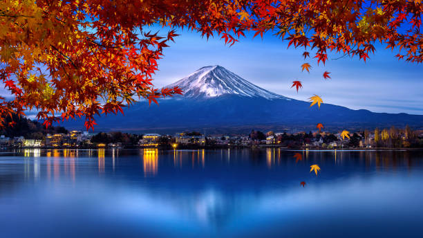 Fuji mountain and Kawaguchiko lake in morning, Autumn seasons Fuji mountain at yamanachi in Japan. stock photo