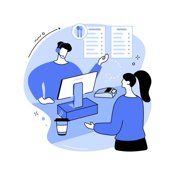 Taking food orders isolated cartoon vector illustrations. Taking food orders isolated cartoon vector illustrations. Cashier using POS software, client making fast food order, service sector, horeca business, professional people vector cartoon. quick service restaurant cashier stock illustrations