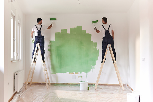 Rear view of male workers standing on ladders and painting the wall in green color. Copy space.
