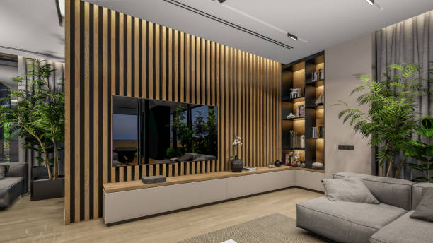 istock 3d rendering of modern cozy interior with living, dining zone, stair and kitchen 1427953517