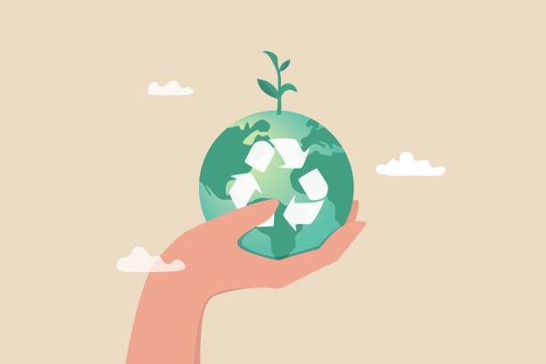 ilustrações de stock, clip art, desenhos animados e ícones de sustainability, ecology or renewable energy to save the world from climate change or global warming, environmental safe or recycle concept, hand holding sustainable green world with recycle symbol. - human hand water environment nature