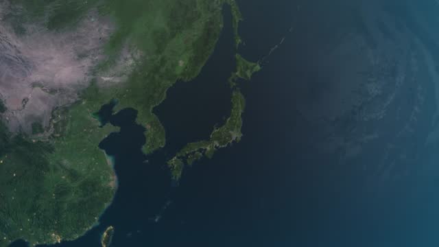 Japan map, zooming in from the space through a 4K photo real animated globe, with a panoramic view consisting of Asia, Africa and Eurasia. Epic spinning world animation, Realistic planet earth, highlight, satellite, aerial,