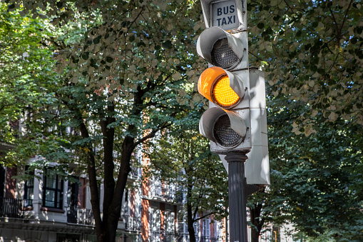 Traffic lights over blue sky. Red light