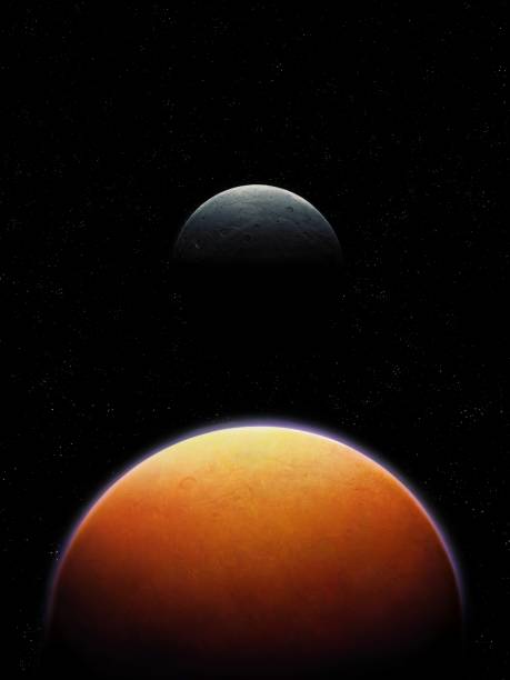 istock Red planet with satellite. Space landscape. Cosmic wallpaper. 1427954661