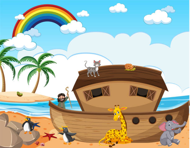 illustrazioni stock, clip art, cartoni animati e icone di tendenza di arca di noè con animali selvatici nella scena della natura - ark cartoon noah animal