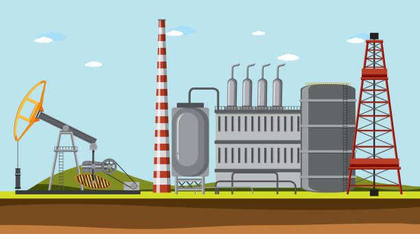ilustraciones, imágenes clip art, dibujos animados e iconos de stock de diseño de dibujos animados de la fábrica de la industria petrolera - oil rig illustrations
