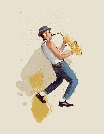 Contemporary art collage. Young stylish man playing saxophone. Pastel drawings. Live performance. Concept of creativity, retro style, music lifestyle, design. Copy space for ad, poster
