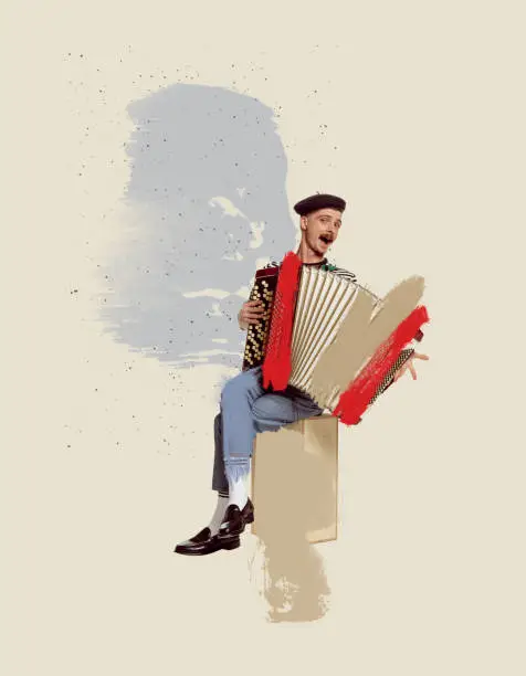 Contemporary art collage. Stylish young man in beret playing accordion. Cheerful live performance. Pastel art. Concept of creativity, retro style, music lifestyle, design. Copy space for ad, poster