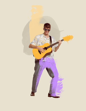 Contemporary art collage. Young stylish man playing guitar. 90s fashion style. Pastel artwork. Concept of creativity, retro style, music lifestyle, design. Copy space for ad, poster