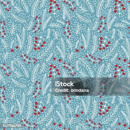 istock Seamless Christmas pattern with floral winter frost lace ornament white red on blue. Beautiful vintage background 1427956759