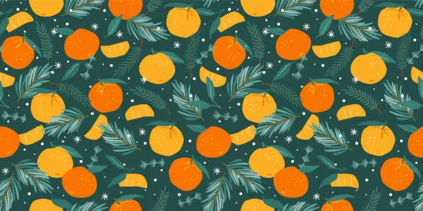 Vector illustration of Christmas and Happy New Year seamless pattern. Christmas tree and tangerines. New Year symbols. Vector design