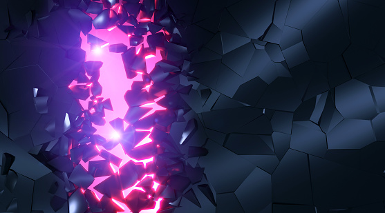 Hole in a wall surrounded by fragments with a bright purple light shining through, creating beams and flares. Breaking new ground, creating innovation and overcoming blocks and barriers. Dark background with copy space on right side.