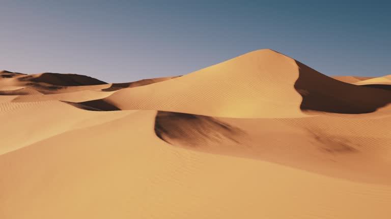 Aerial shot of sand dunes in desert. Flying over endless yellow sand dunes at sunset