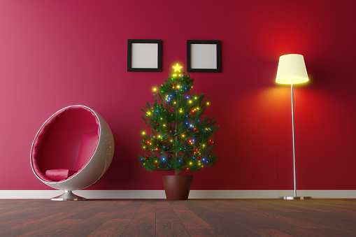 Modern Living Room with Christmas Tree Interior Decoration - 3D Illustration