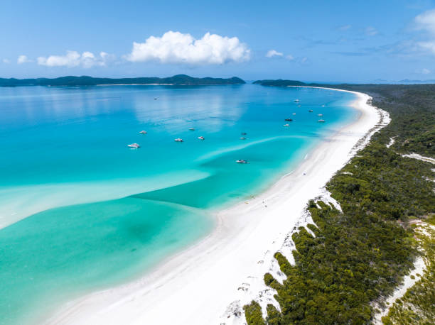 Beautiful high angle aerial drone view of famous Whitehaven Beach, part of the Whitsunday Islands National Park near the Great Barrier Reef, Queensland, Australia. Popular tourist destination. stock photo
