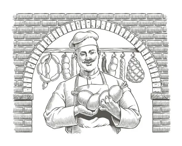 Vector illustration of Butcher holds a sausage in butchery. Meat factory production worker. Sausage products and meat delicacies. Chef in uniform and apron. Engraving style vector illustration.