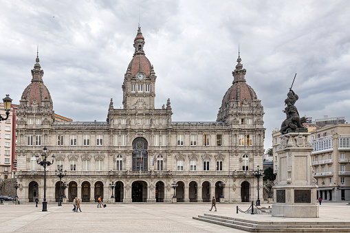 La Coruna, Spain; september 23, 2022: Facade of the City Hall at the Maria Pita square in A Coruna, Galicia