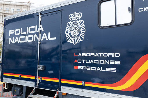 La Coruna, Spain; september 23, 2022: Policia Nacional Labotatorio Actuaciones Especiales truck of Spanish National Police Corps