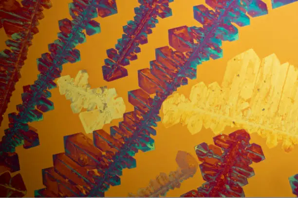 Photo of This is a picture of the crystals of the chemical substance potassium chlorate made by a microscope in polarized light