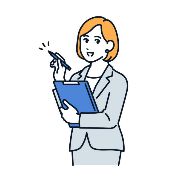 ilustracja wektorowa przedstawiająca kobietę w garniturze podczas przesłuchania - presenter young adult women marketing stock illustrations