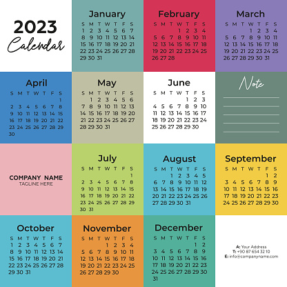 2023  Year Calendar. Week starts on Sunday. Colorful background.