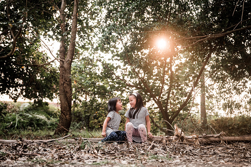 Two young Asian girls in family having fun and enjoying the good weather together in the country park, bonding their siblings relationship. Two female children talking and smiling to each other while resting and sitting on the ground of leaves in the woods, under the sun with tree branches during Autumn.