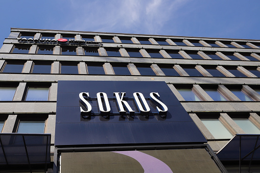 Helsinki, Finland - August 20, 2022: Exterior view of the sign at the Sokos department store located at the Mannerheim strret.