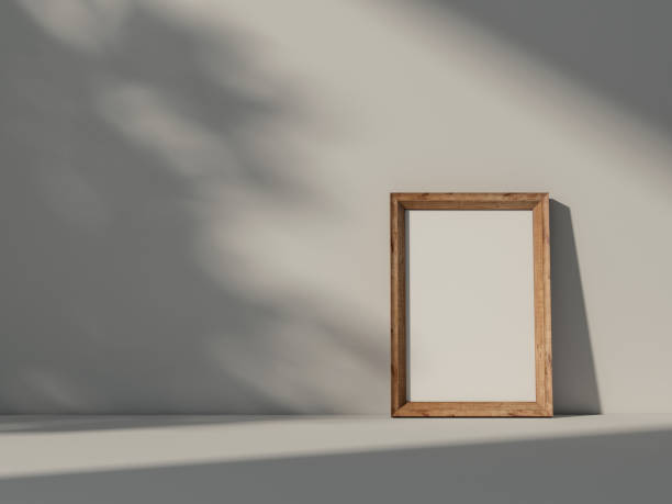 istock Vertical wooden poster Frame Mockup standing near wall with space for text 1427964907