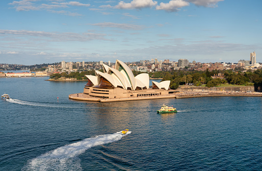 Sydney Australia - August 2, 2019: A clear afternoon in Sydney, New South Wales, and this is the view from the Harbour Bridge looking across Sydney Harbour towards the iconic shape of the city's Opera House.