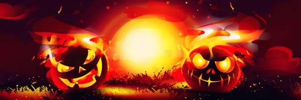 Vector illustration of Holiday concept, Halloween party in cartoon style! Halloween promotional poster or banner with ominous pumpkins burning in flames on a full moon background.