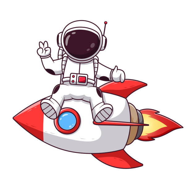 Cute Astronaut With Peaceful Hands Sitting on Rocket. Astronaut Icon Concept. Flat Cartoon Style. Suitable for Web Landing Page, Banner, Flyer, Sticker, Card Use the product for printing on clothing, accessories, party decorations, labels and stickers, kids room decoration, invitation cards, scrap booking, kids crafts, diaries, logo and more rocketship clipart stock illustrations