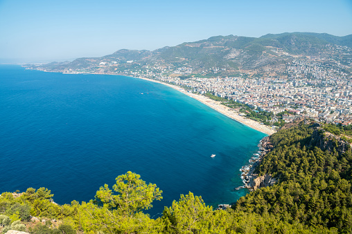 Aerial view over the Mediterranean coast in Alanya, Turkey.